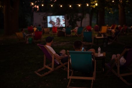 outdoor movie night with firepit
